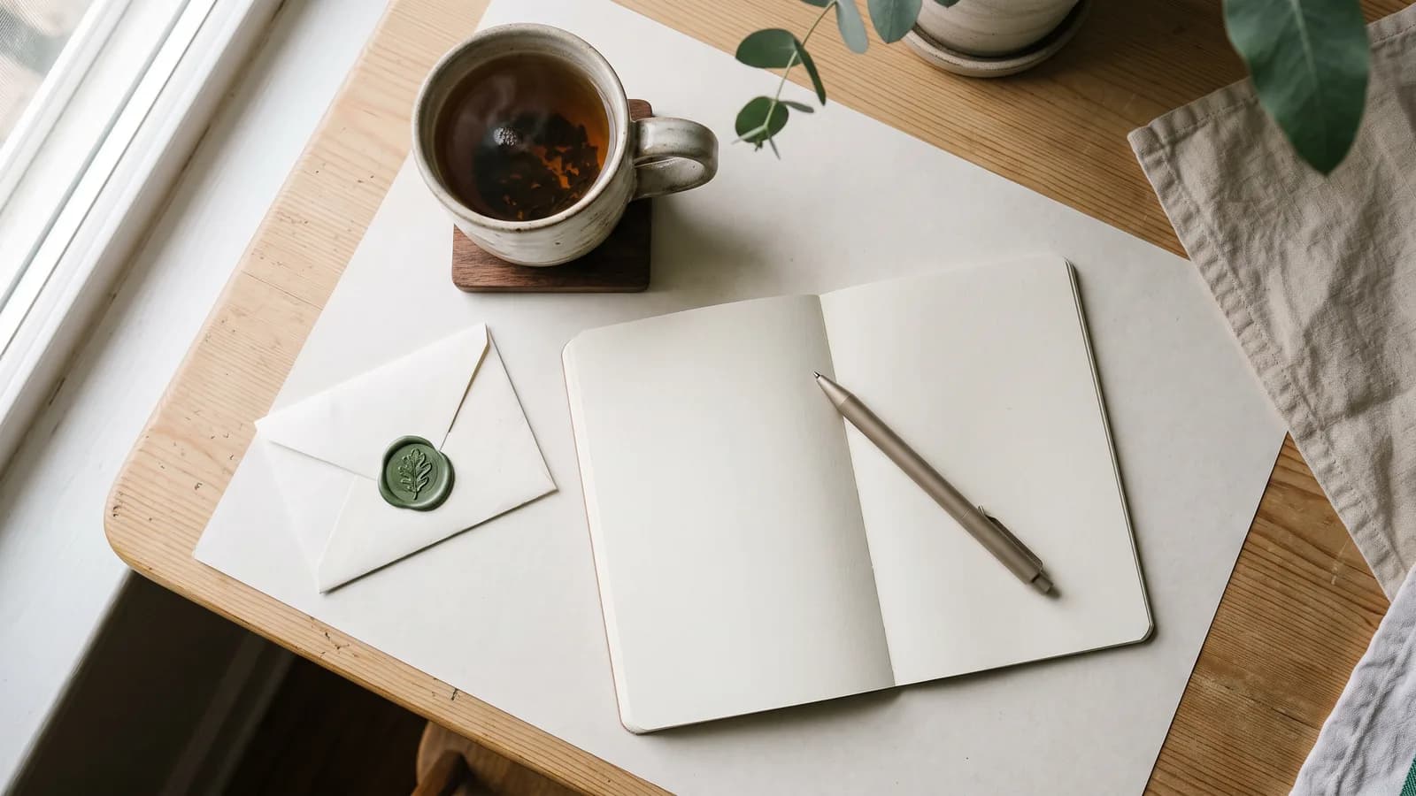 A kitchen table with a notebook, a pen, a mug of tea and an envelope