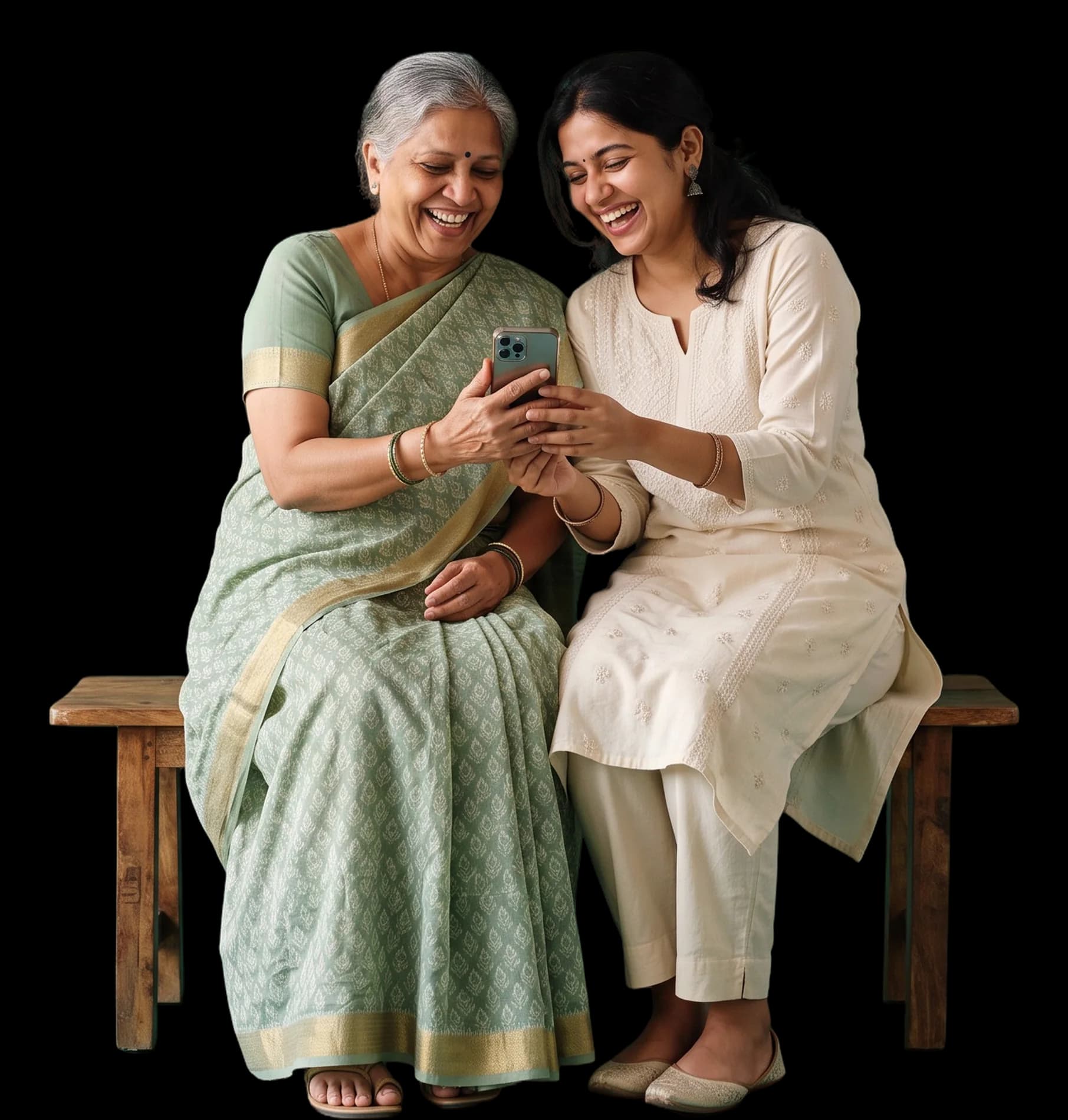 A mother and her adult daughter sharing one phone on a sofa