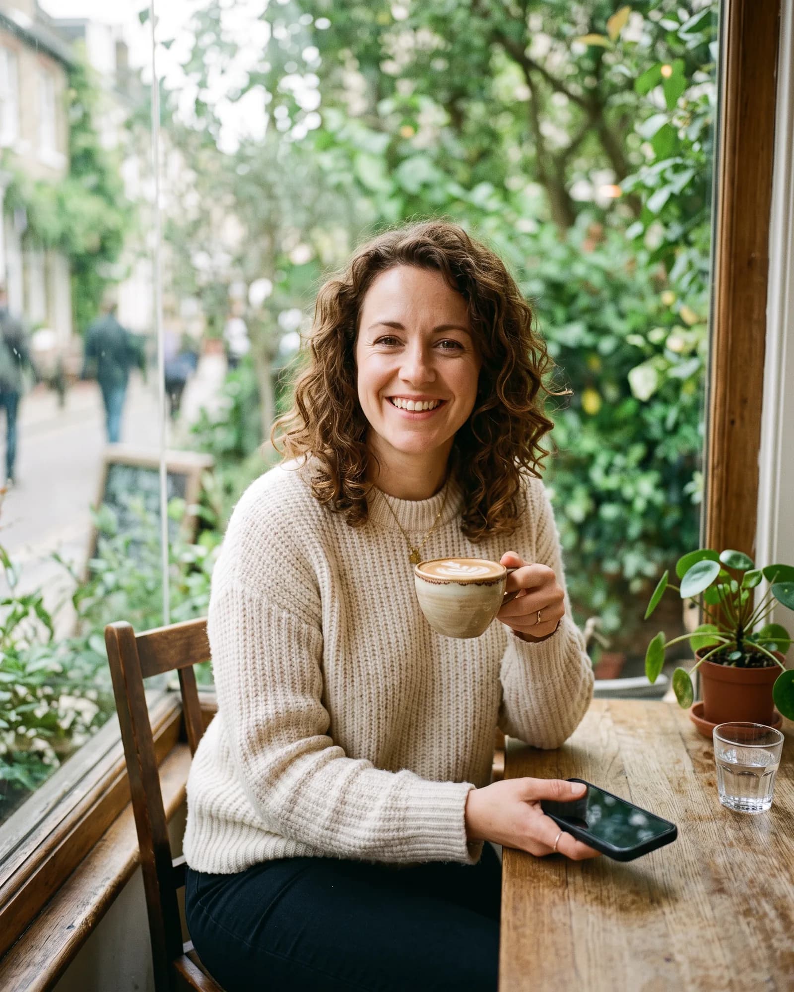A woman with a coffee at a café window smiling at the camera