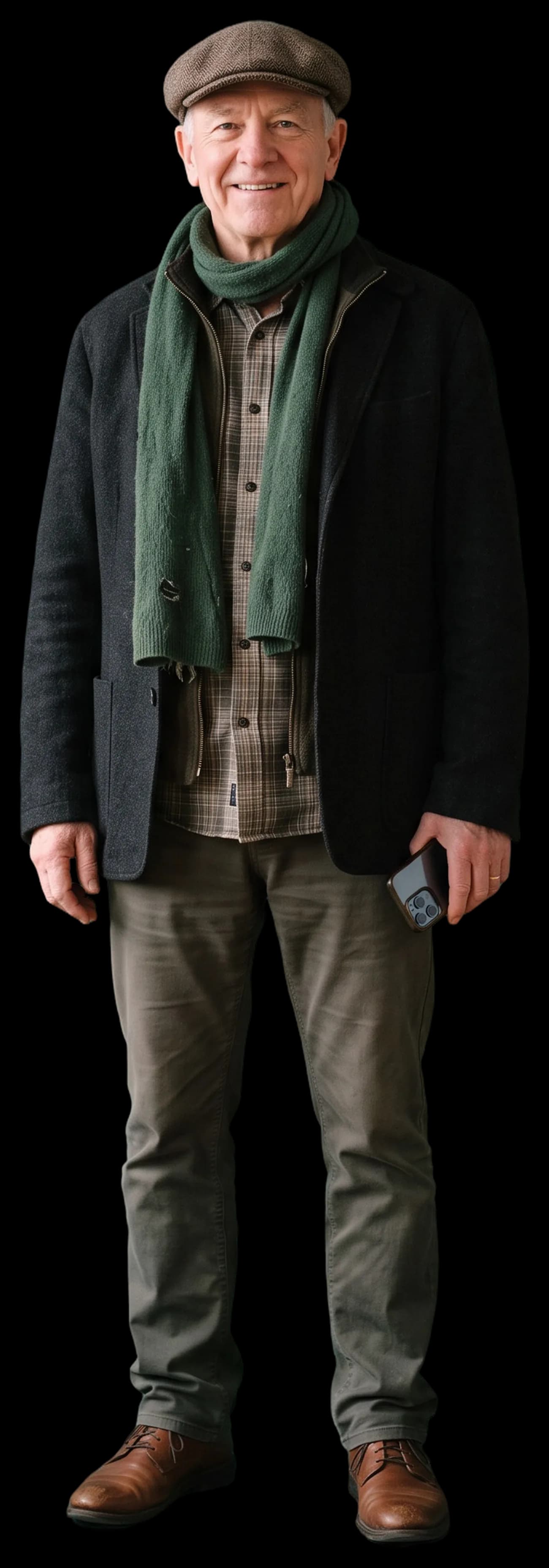 An older man in a flat cap smiling at the camera, phone in hand