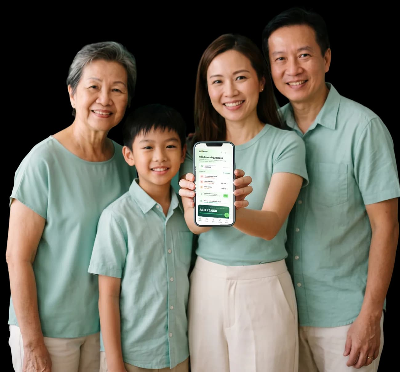 A grandmother, mother and son, the mother holding a phone up to the camera with the Grownz home screen showing