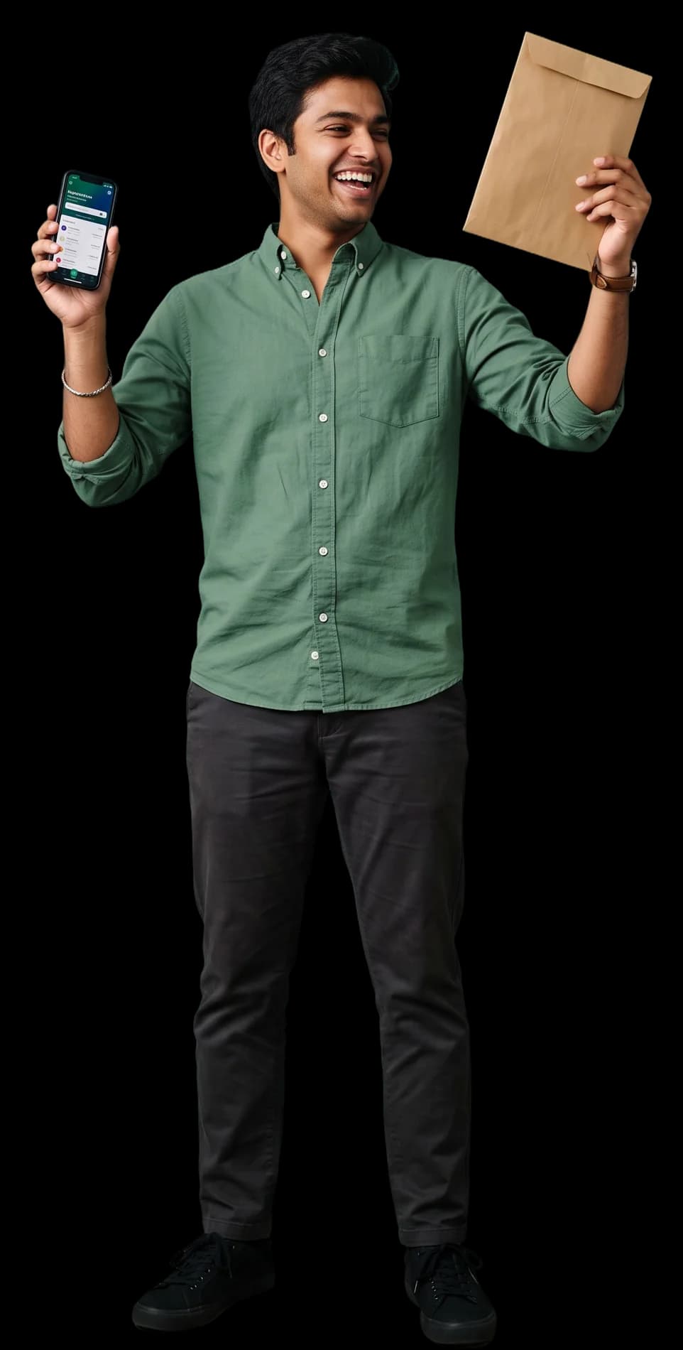 A young graduate outside an office holding up a phone and an envelope