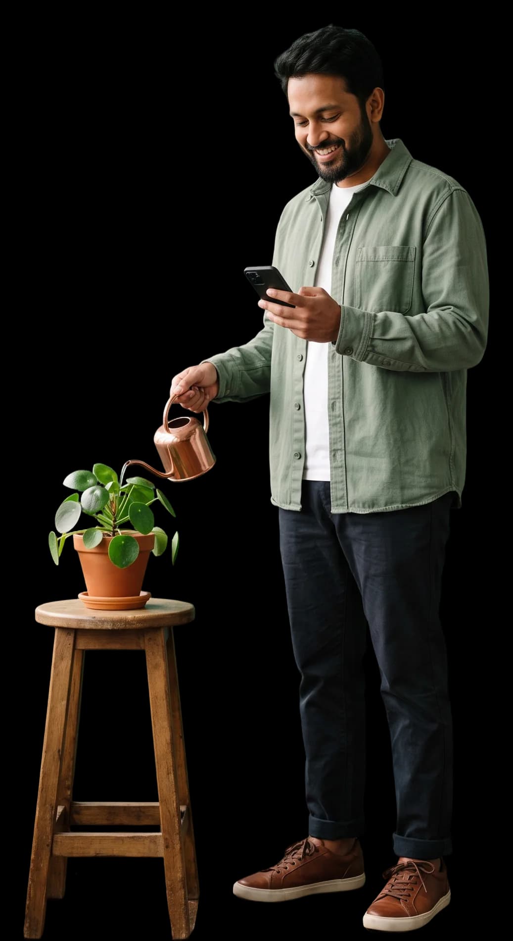 A man watering a plant on a windowsill while glancing at his phone
