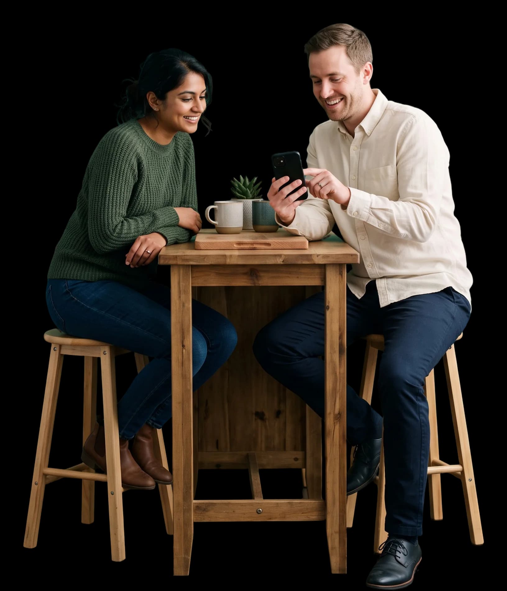 A couple at a kitchen island reviewing a phone together