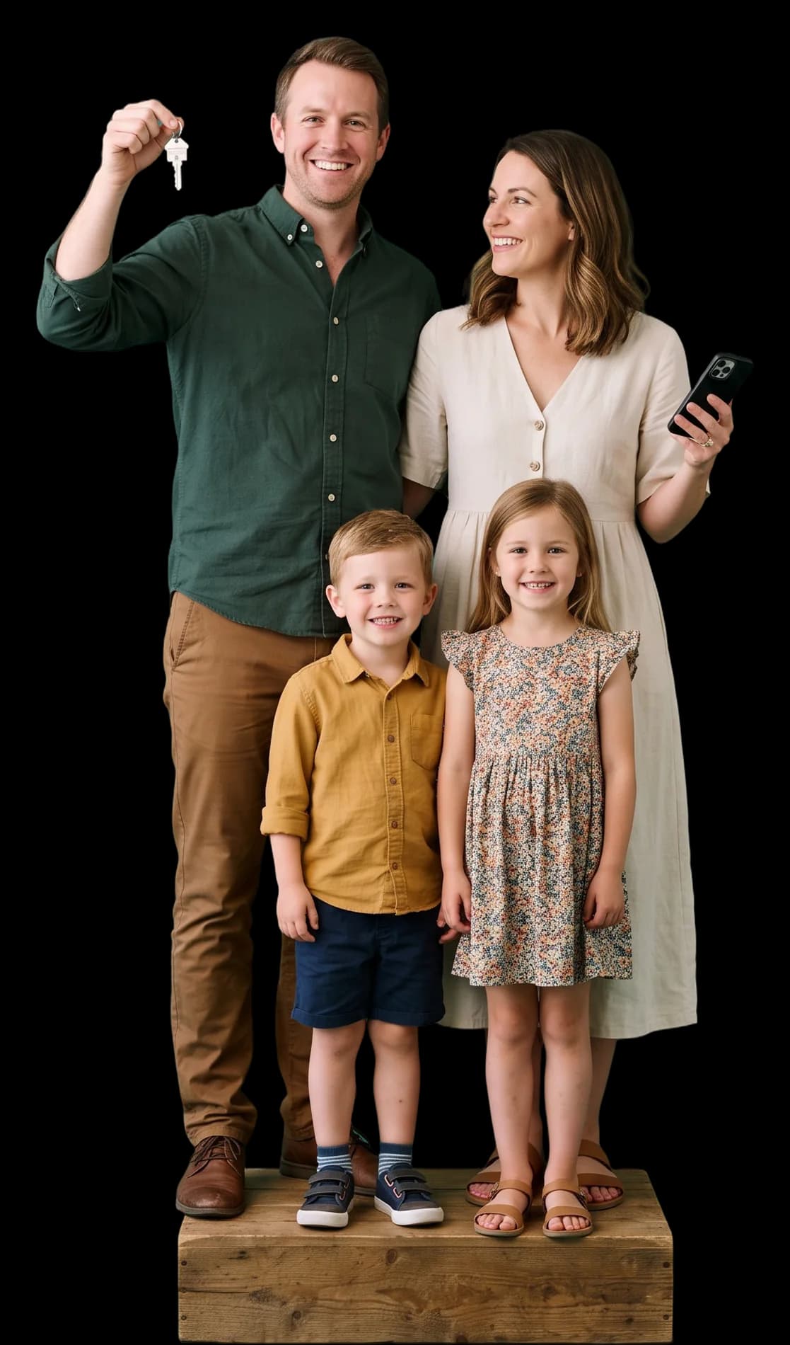 A family of four on a front step with a new house key