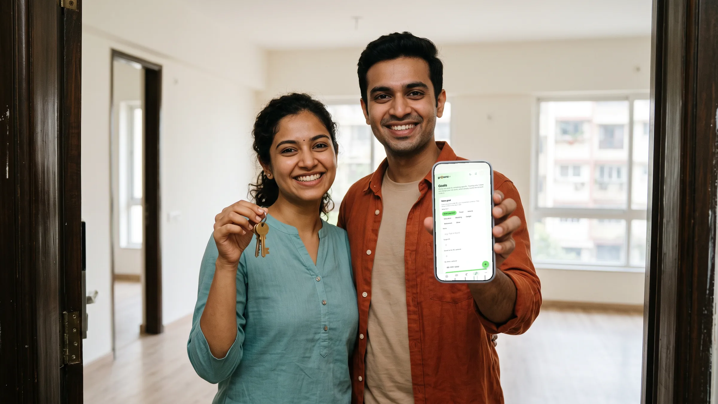 A couple in the doorway of a new flat, she holding up the keys and he holding a phone up to the camera with the Goals screen showing