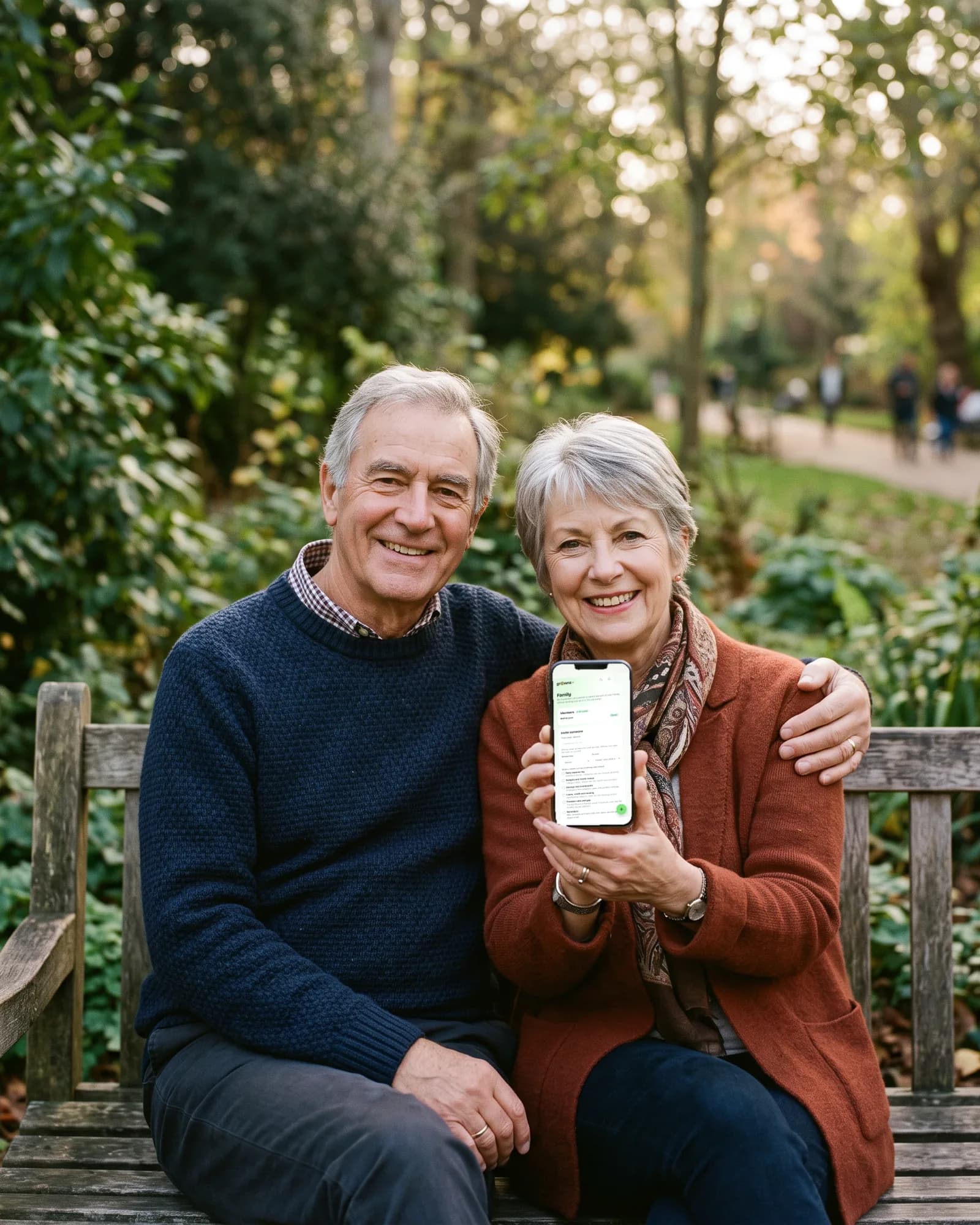 An older couple on a park bench holding one phone up to the camera, the Family screen showing