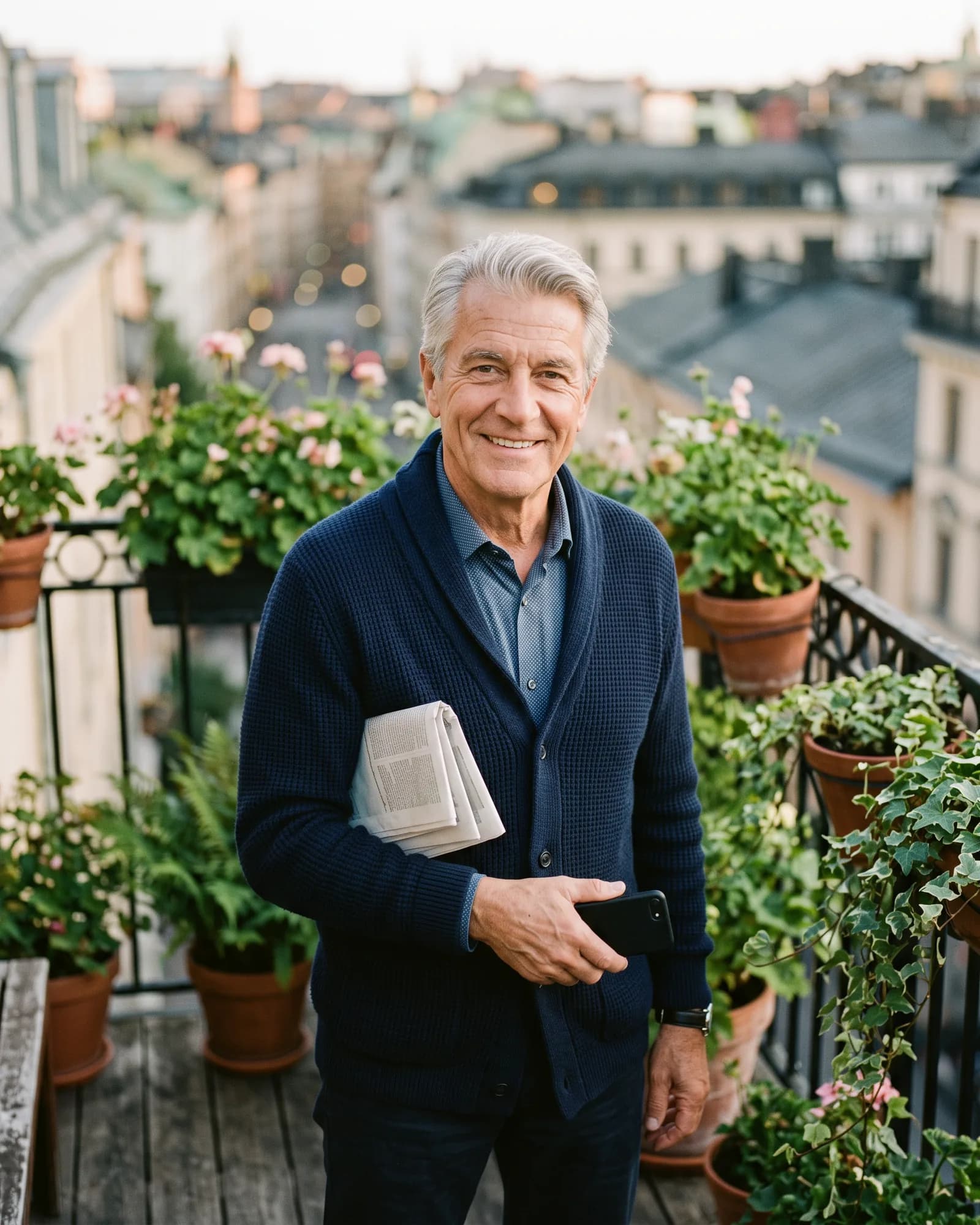 A grey-haired man with a newspaper on a balcony smiling at the camera