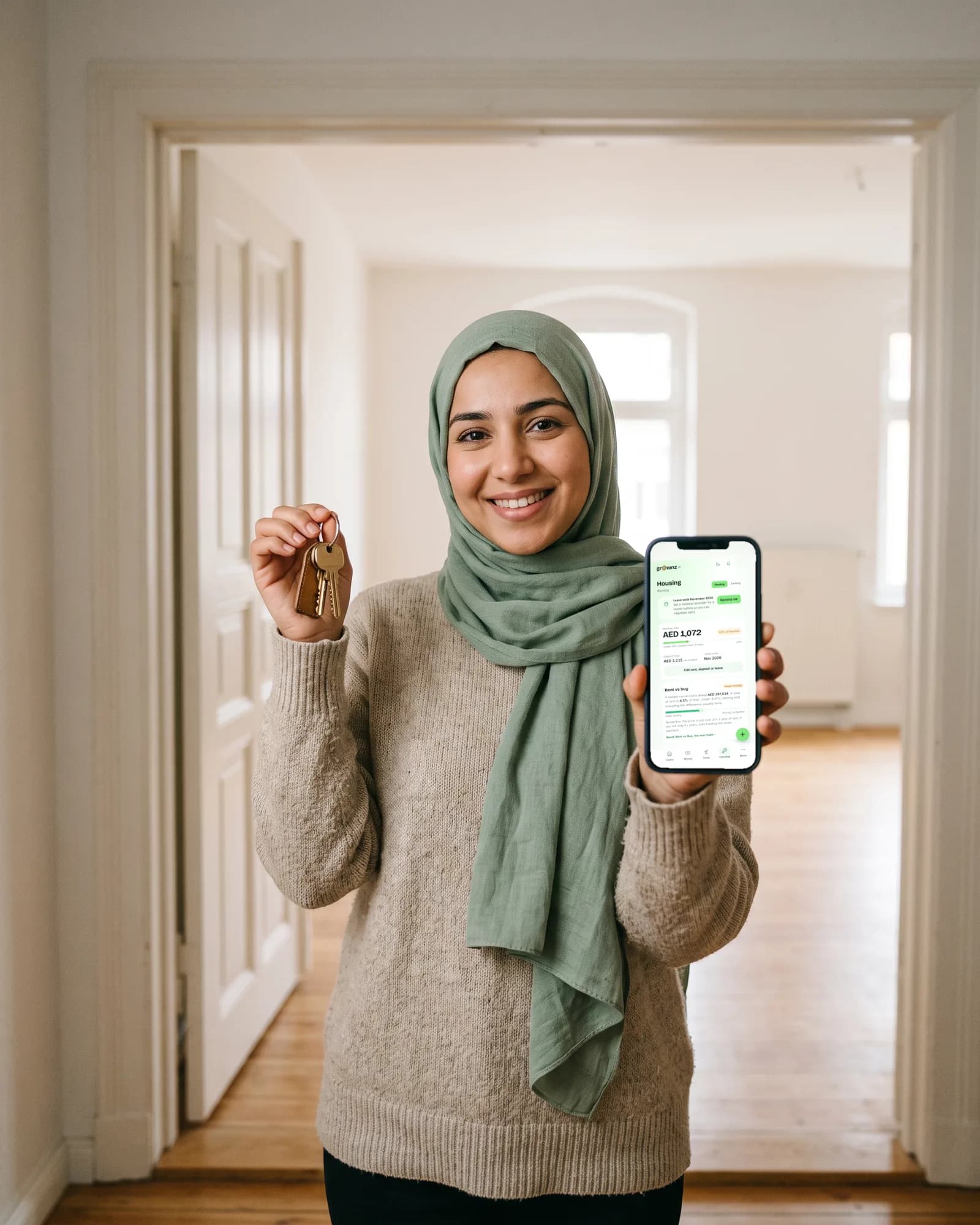 A young woman in a hijab in the doorway of a new flat, keys in one hand and the Housing screen on her phone