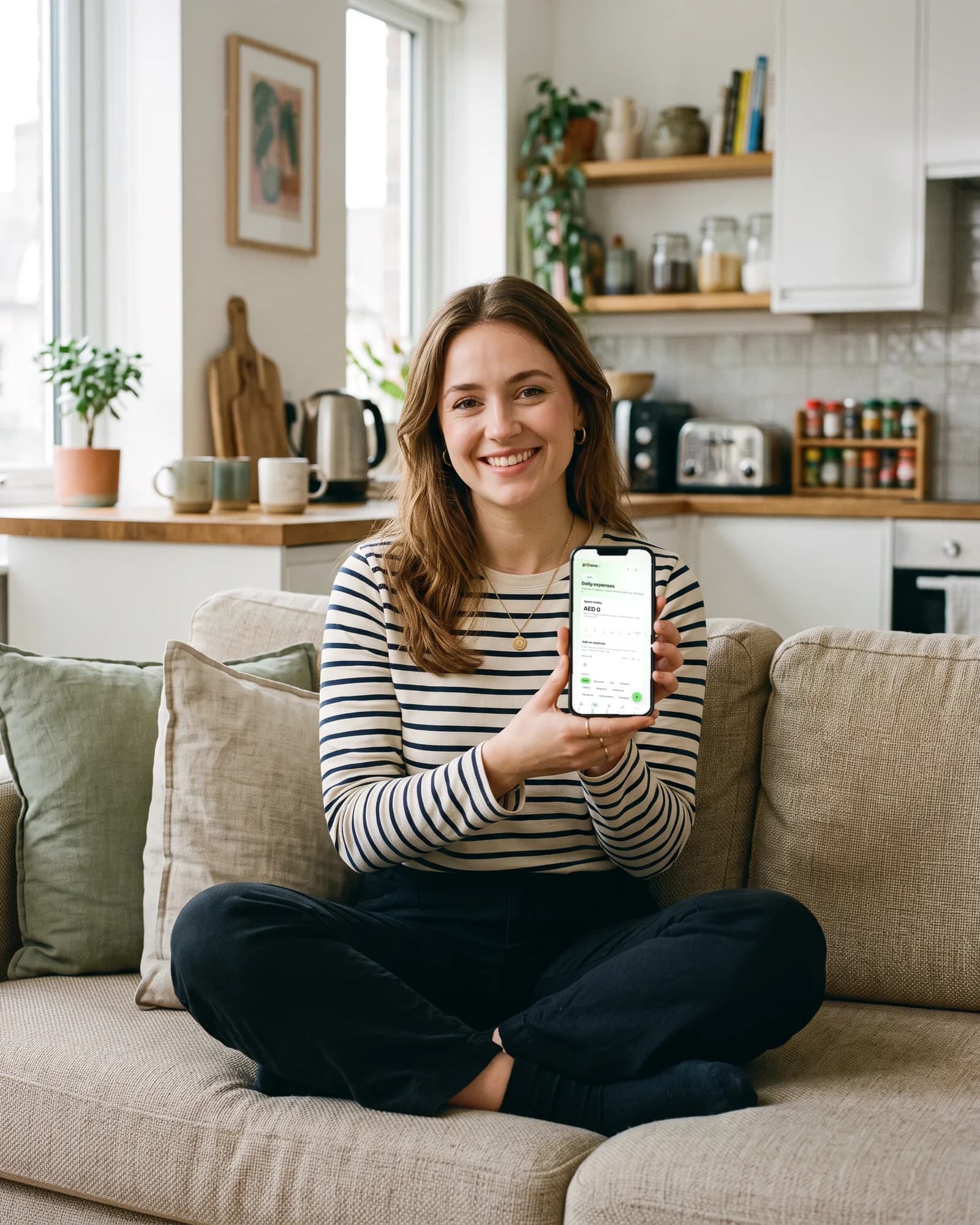 A young woman on a sofa holding her phone up to the camera, the Daily expenses screen showing
