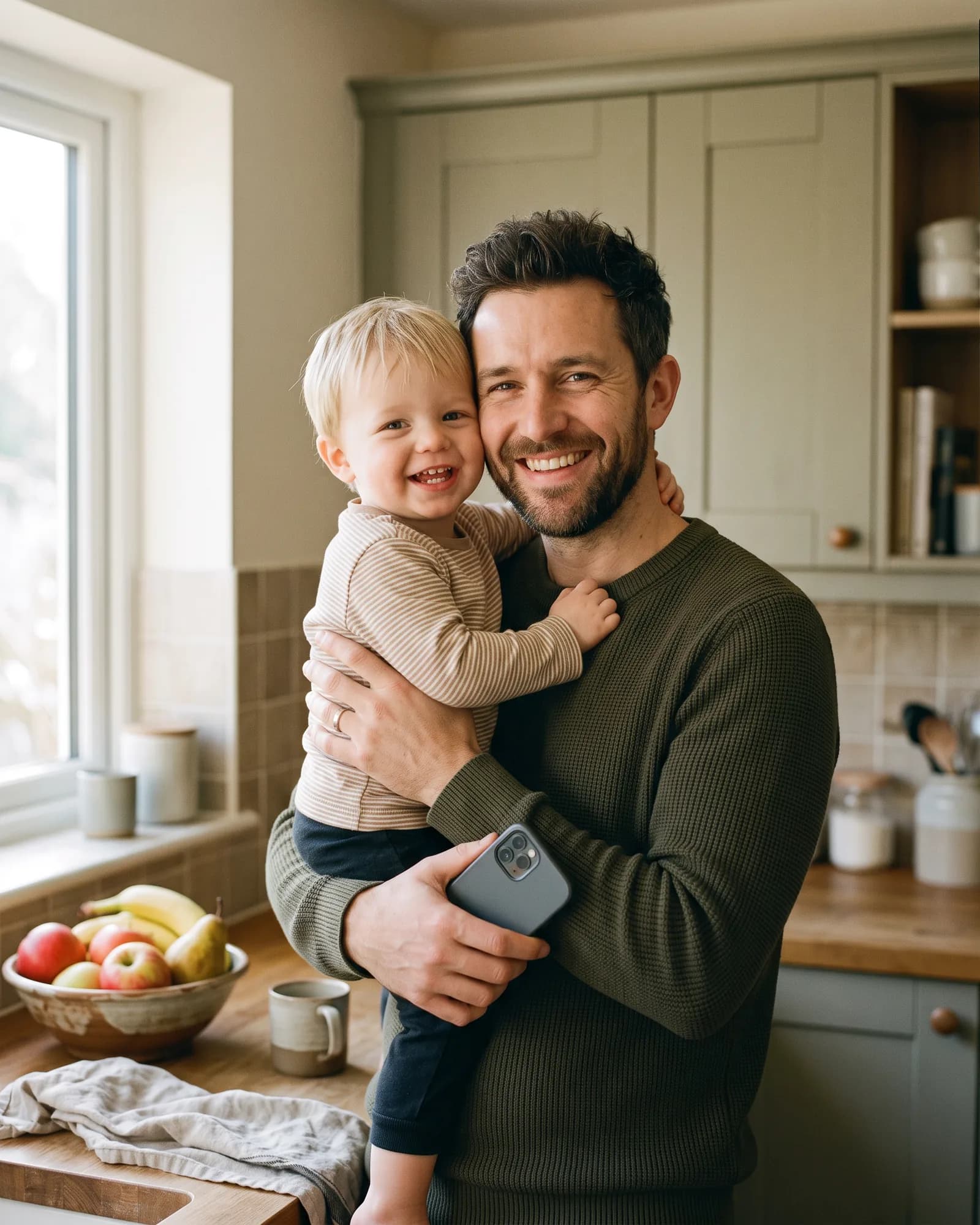 A father holding a toddler in a kitchen, both smiling at the camera