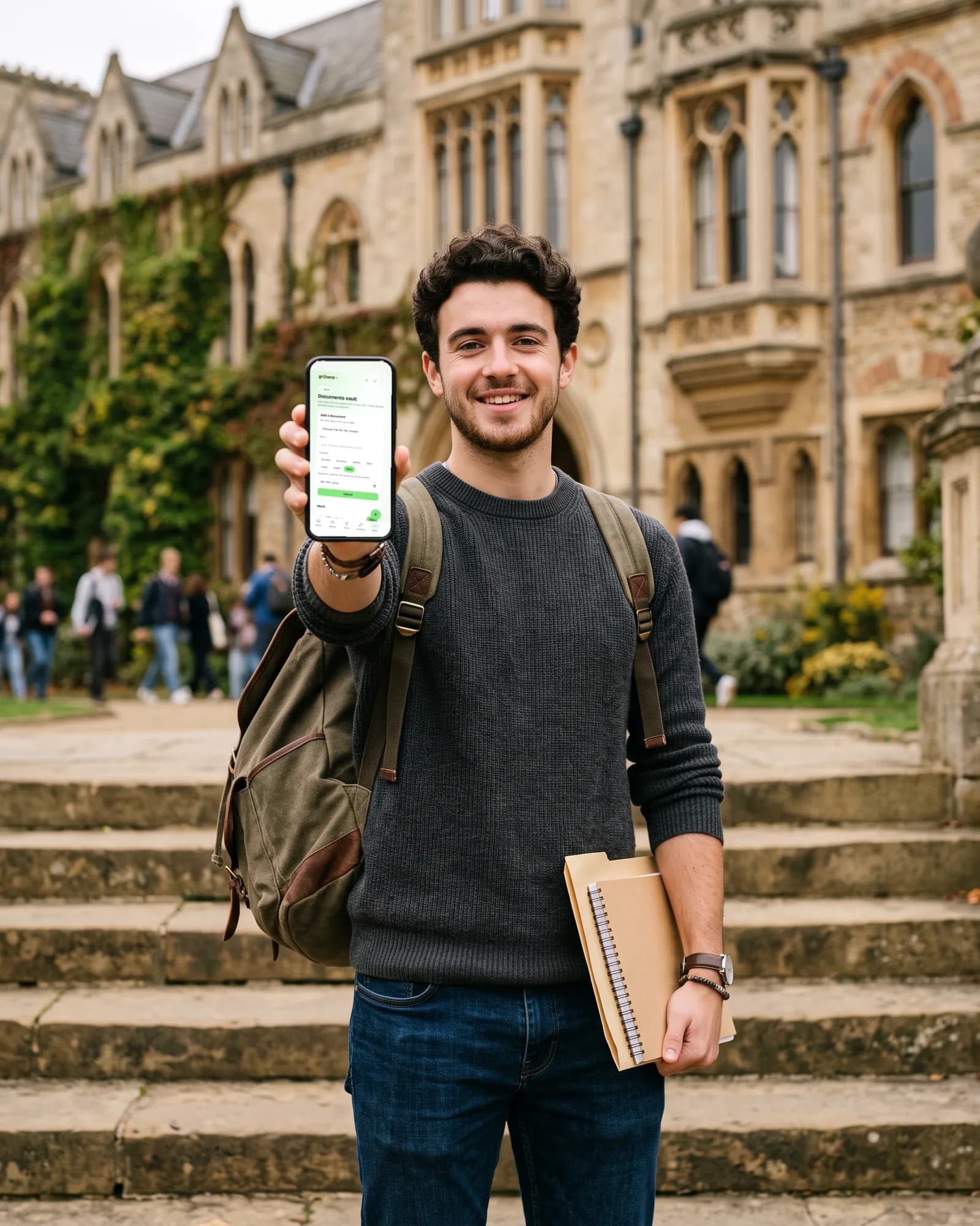 A young man with a backpack on university steps holding his phone up to the camera, the Documents vault showing