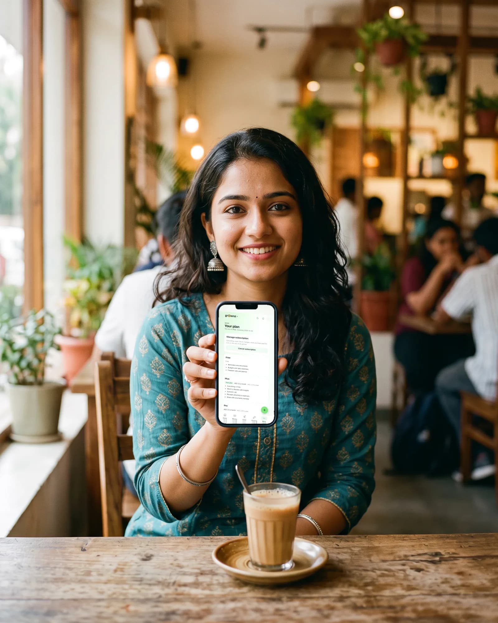 A young woman with a glass of chai in a café holding her phone up to the camera, the Your plan screen showing