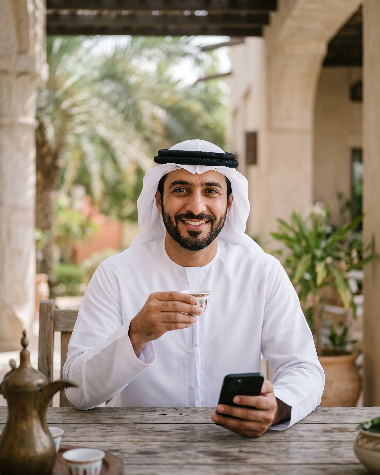 A man in a white kandura with Arabic coffee on a terrace smiling at the camera