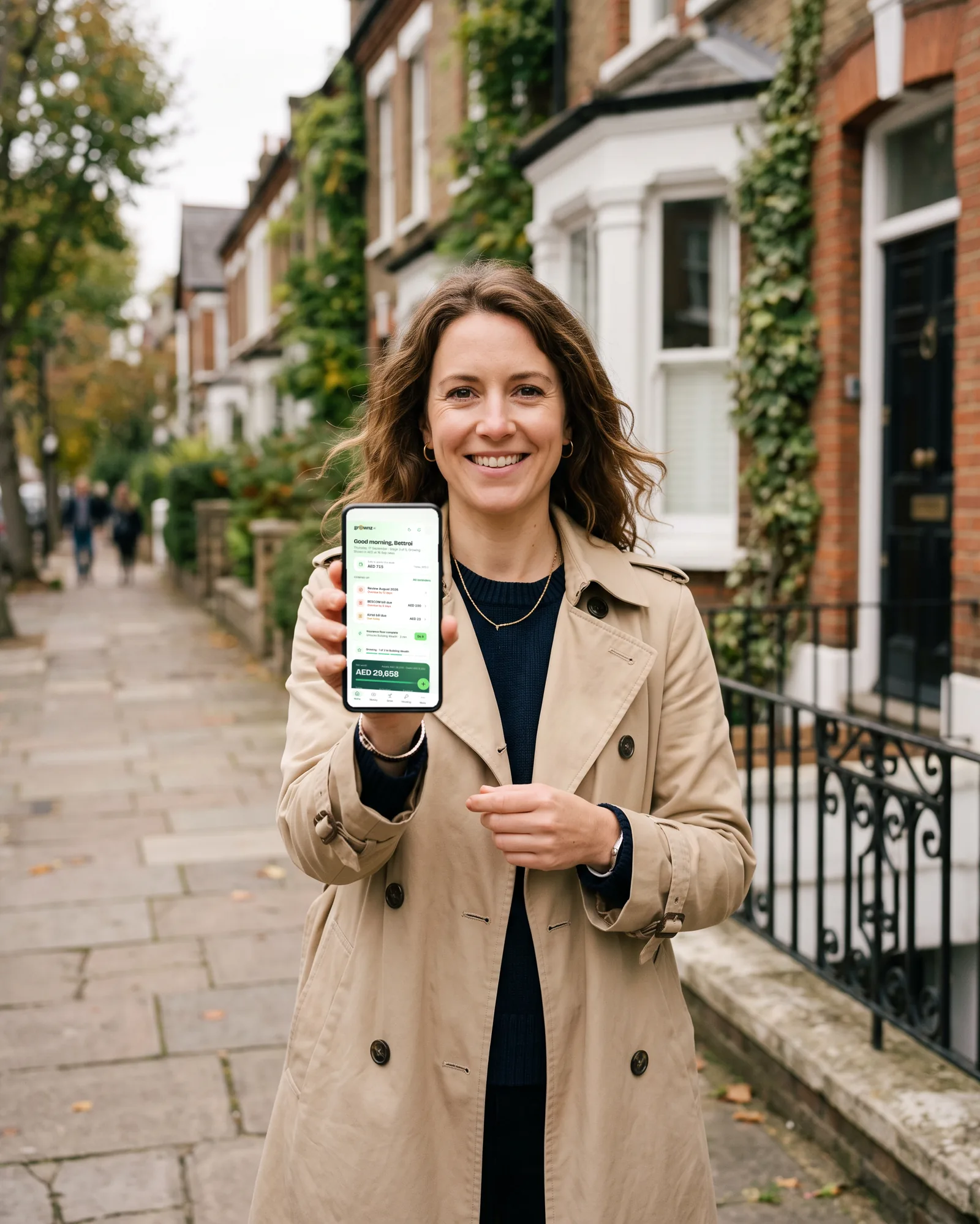 A woman in a trench coat on a London street holding her phone up to the camera, the Grownz home screen showing