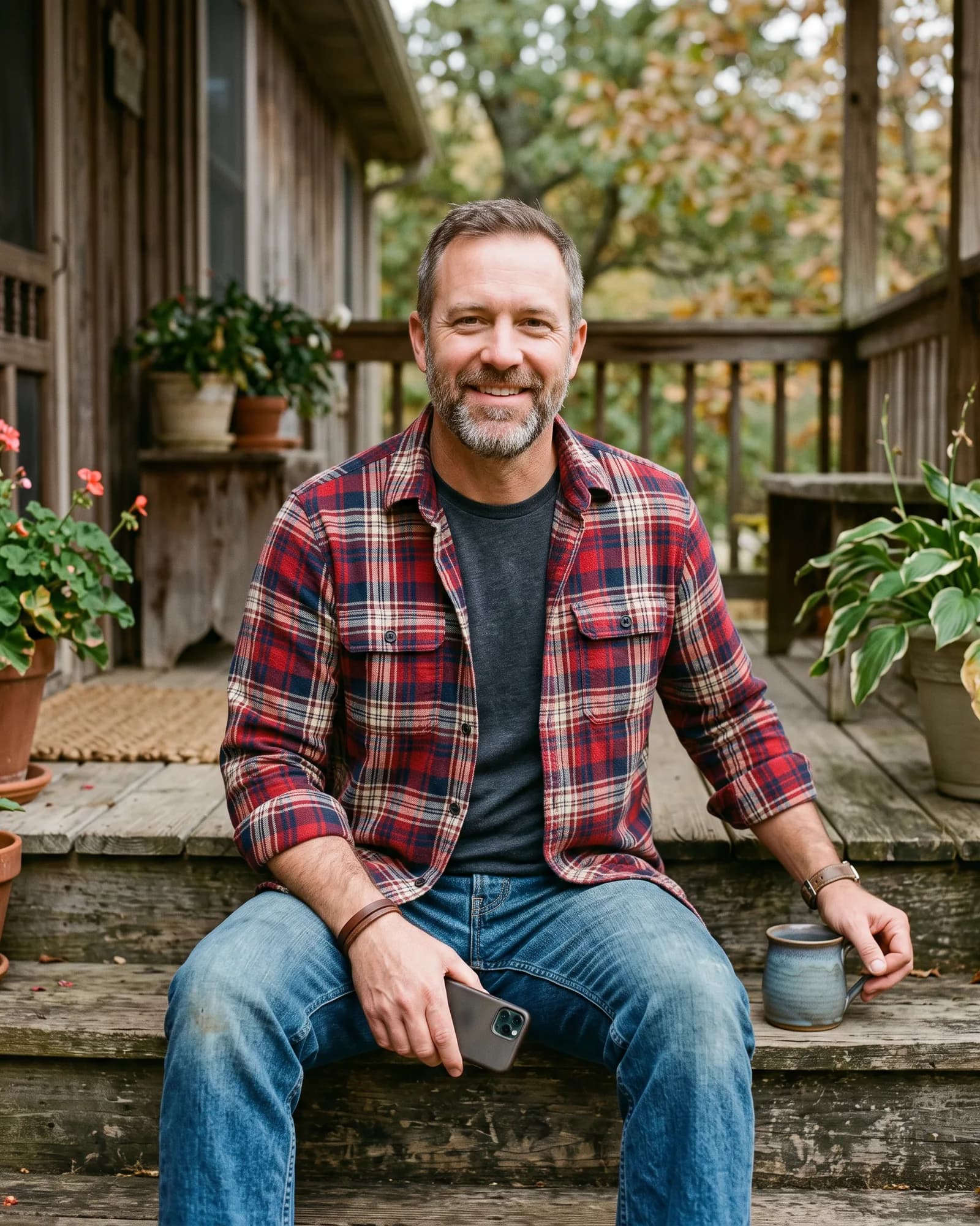 A man in a flannel shirt on a porch step smiling at the camera