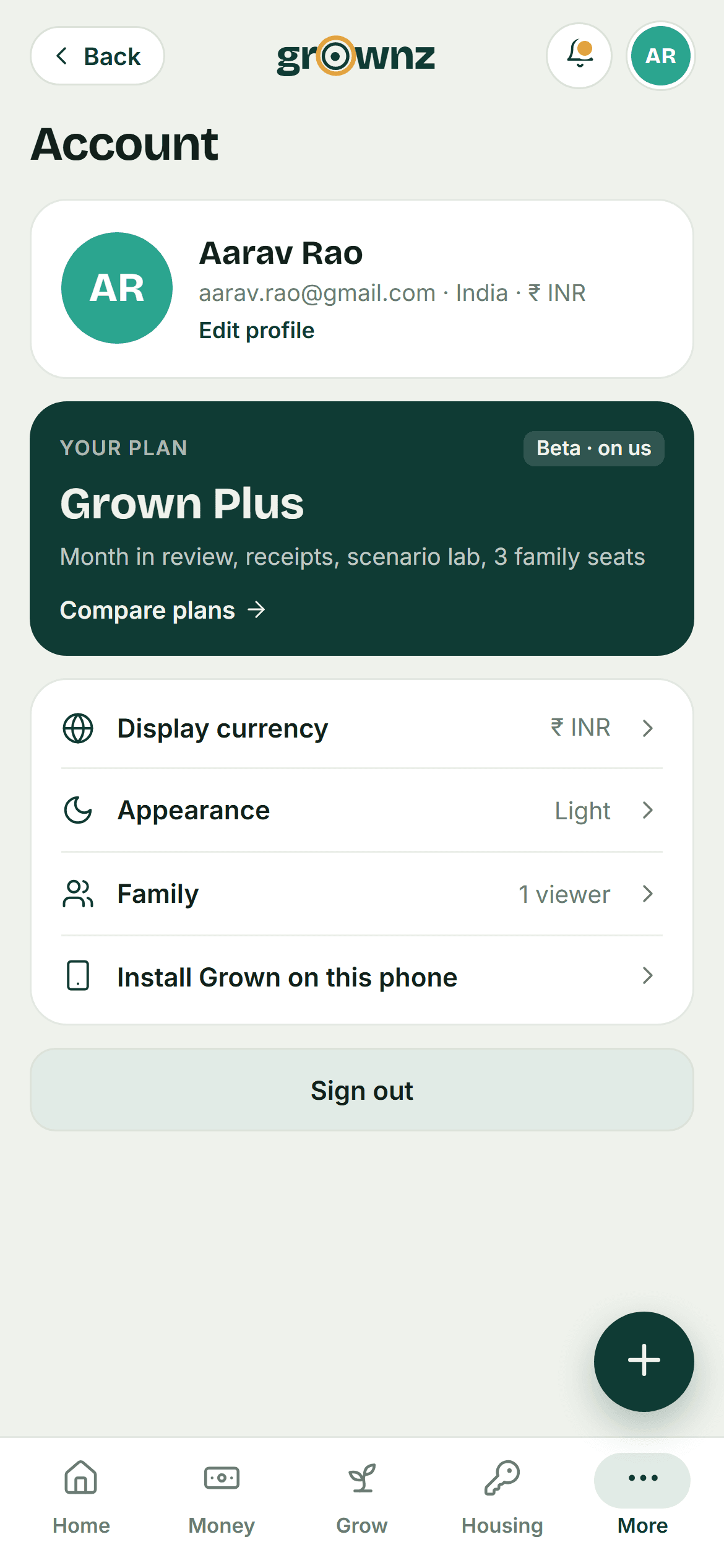 Design preview: Account with plan, currency and appearance