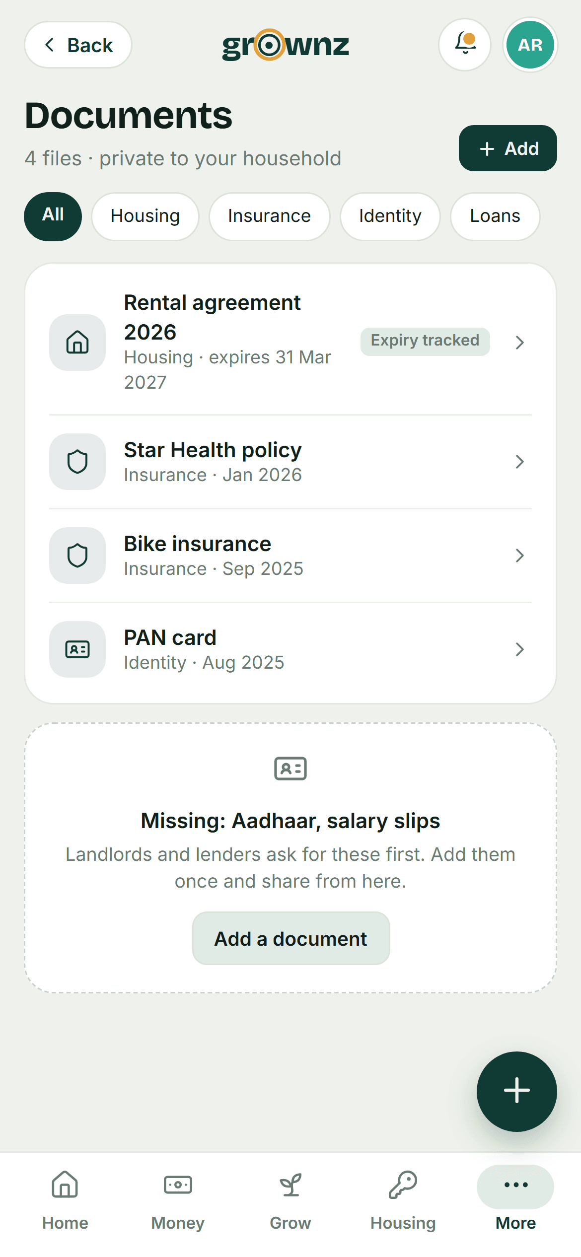 Design preview: Documents vault with the missing files listed