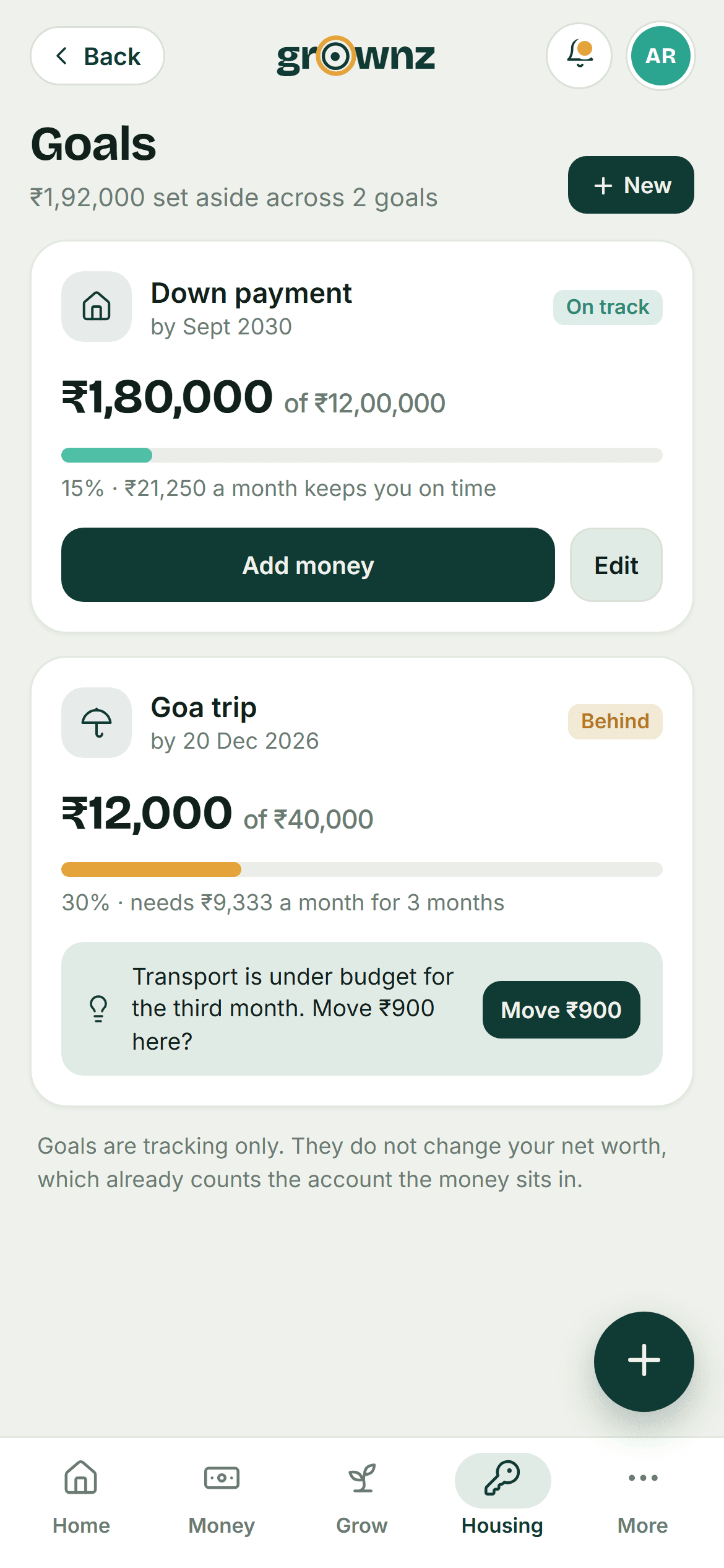 Design preview: Goals with a monthly amount that keeps them on time