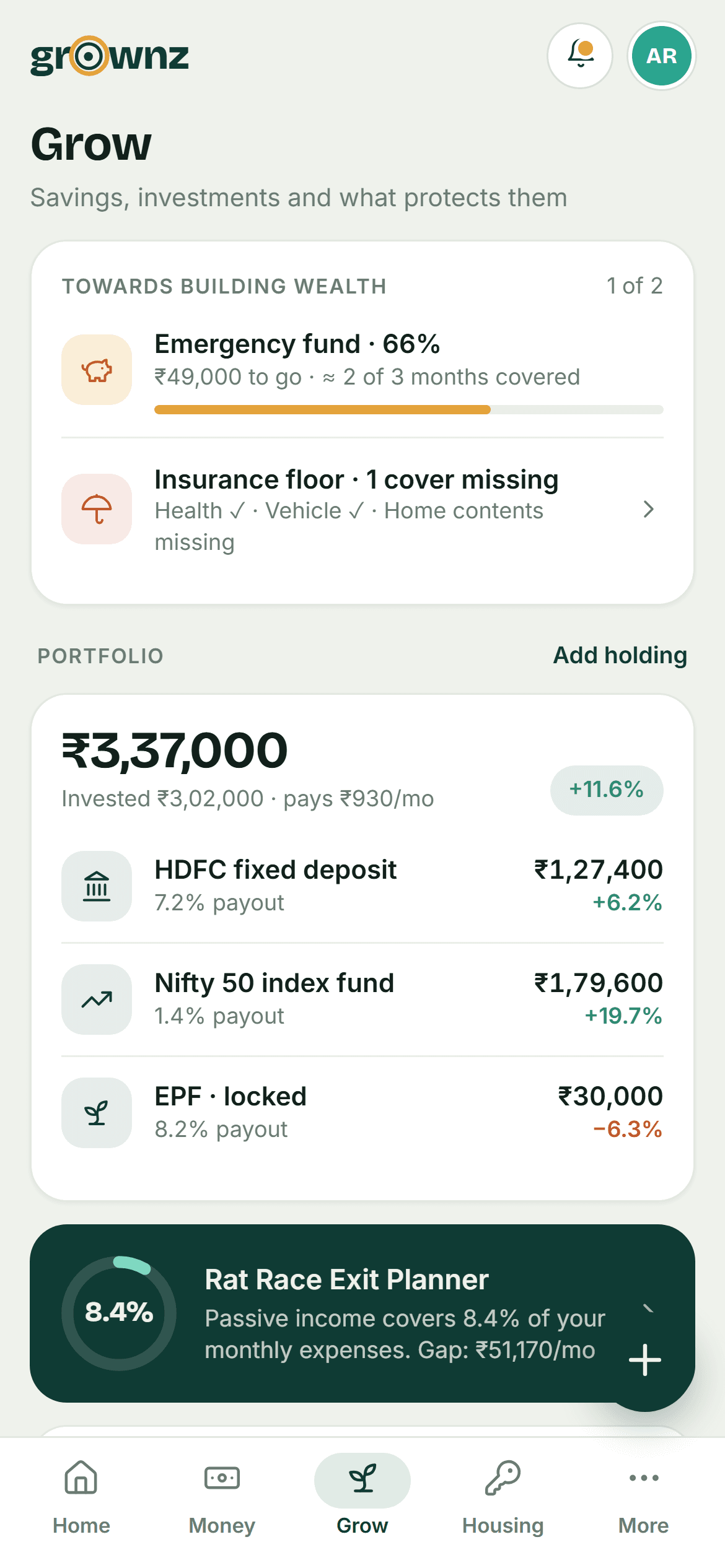 Design preview: Grow: emergency fund and cover before holdings
