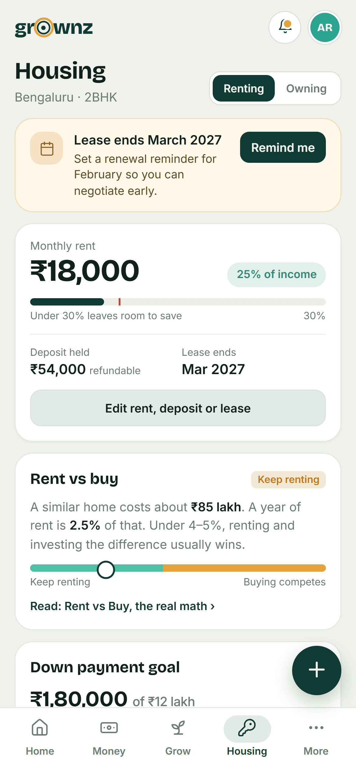 Design preview: Housing: lease, rent vs buy, down payment goal