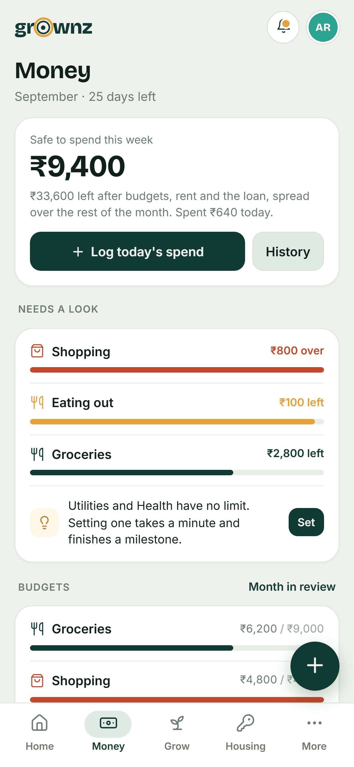 Design preview: Money: safe to spend, needs a look, budgets
