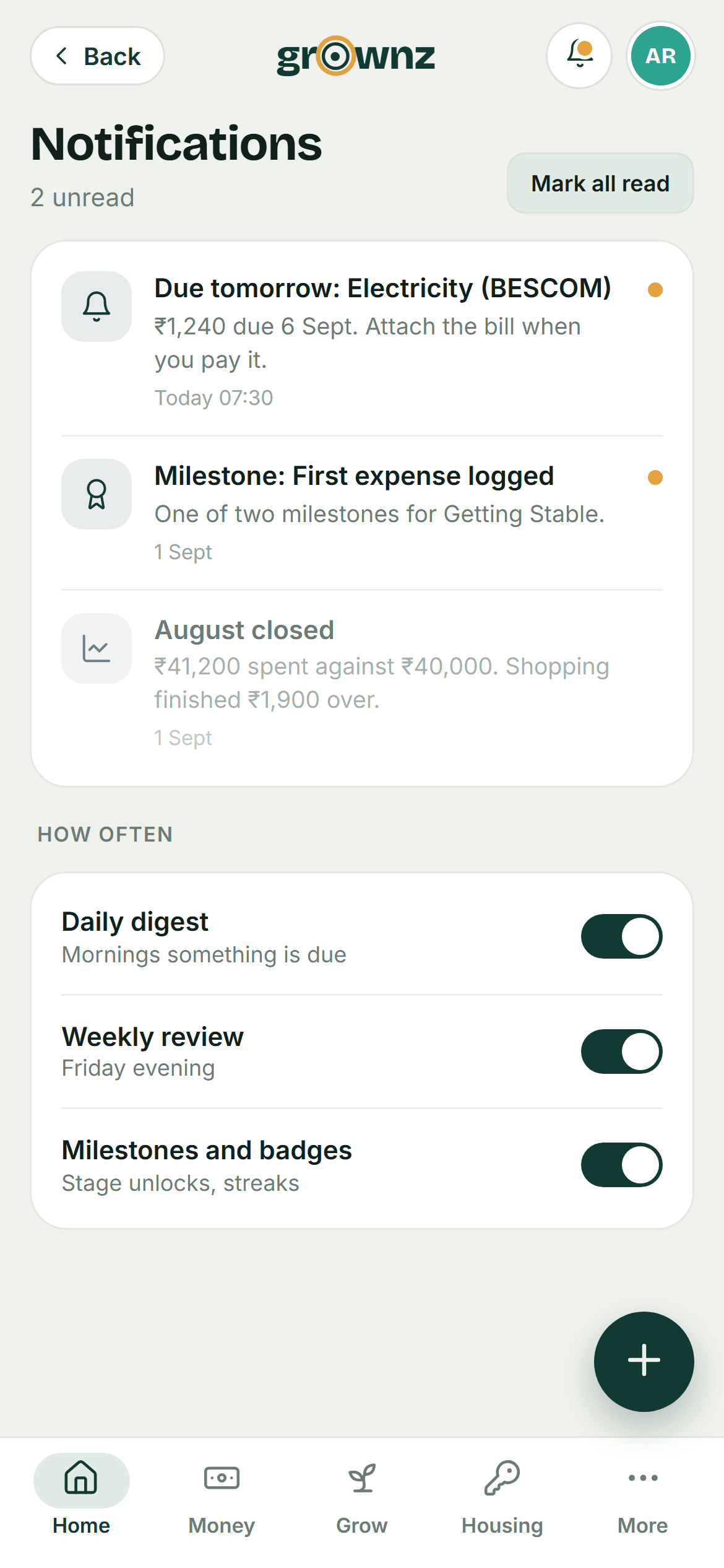 Design preview: Notifications: digest, weekly review, milestones