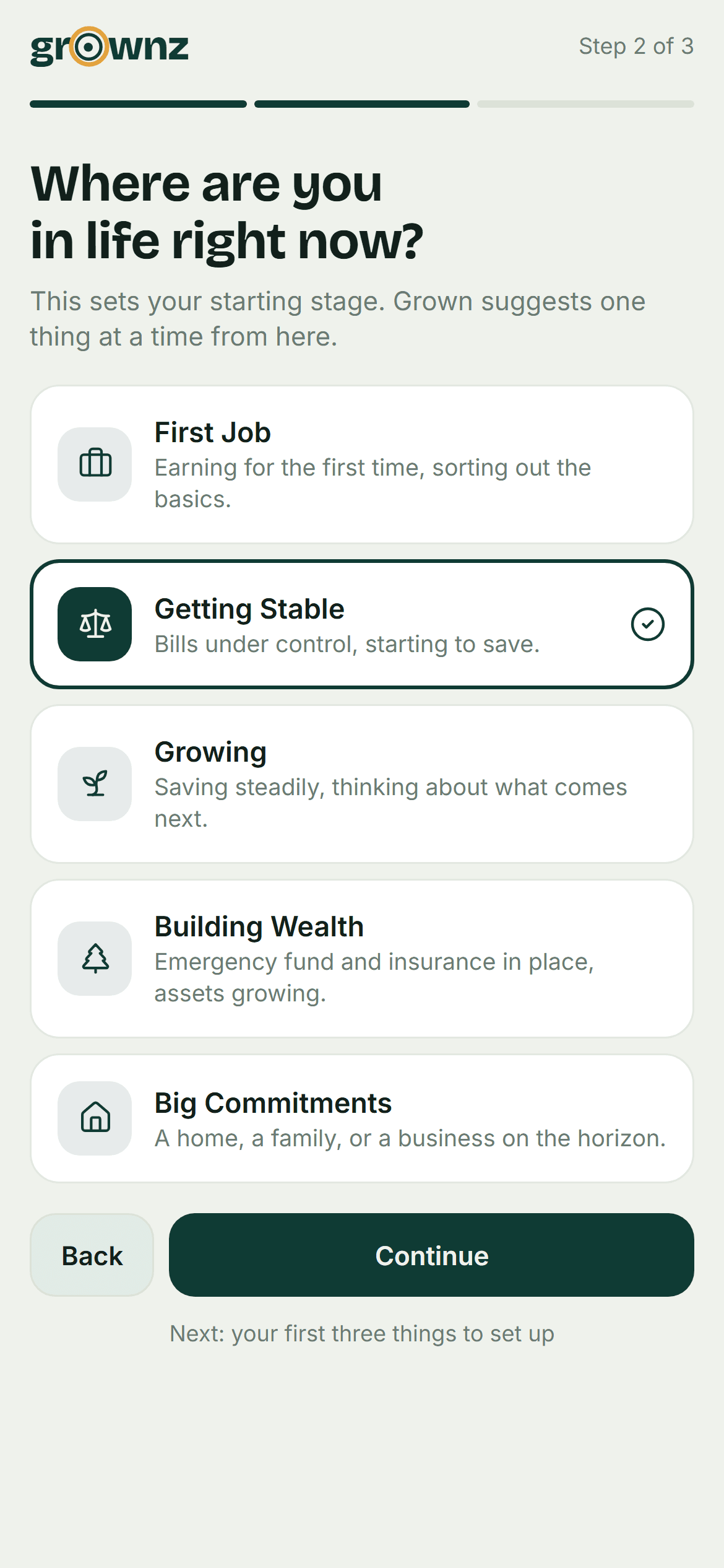 Design preview: Onboarding: where are you in life right now?
