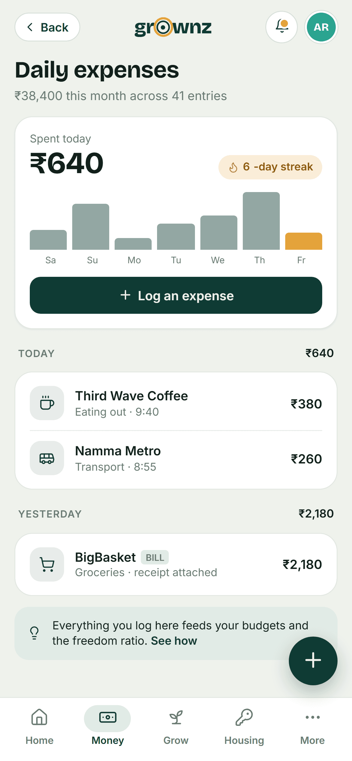 Design preview: Daily expenses with a logging streak