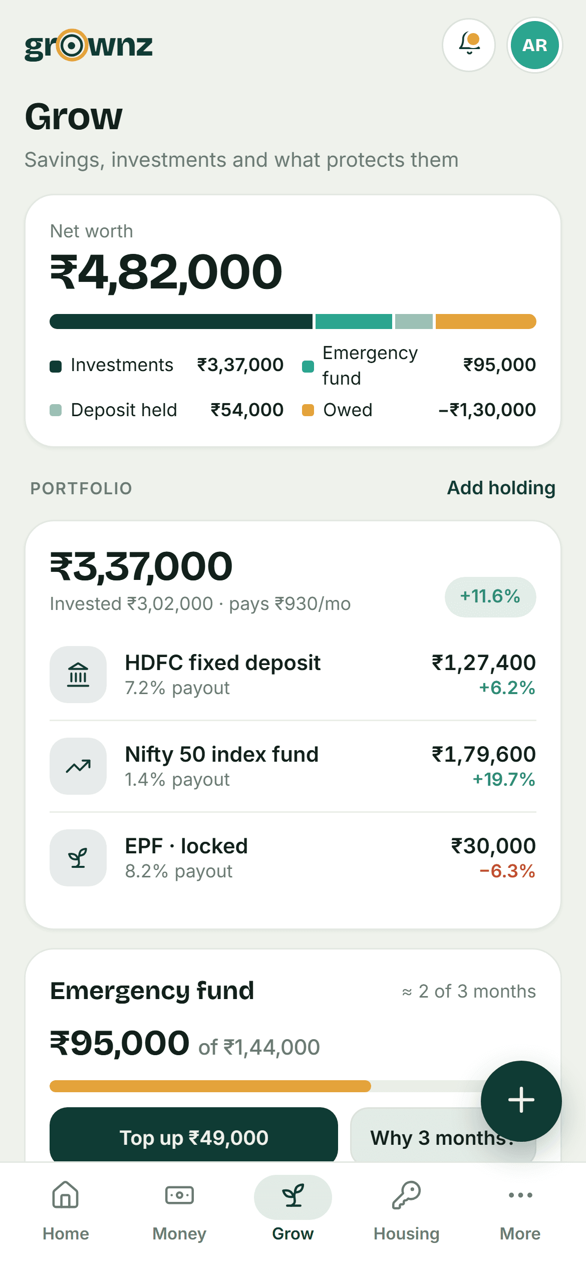 Design preview: Grow: net worth, holdings and the emergency fund