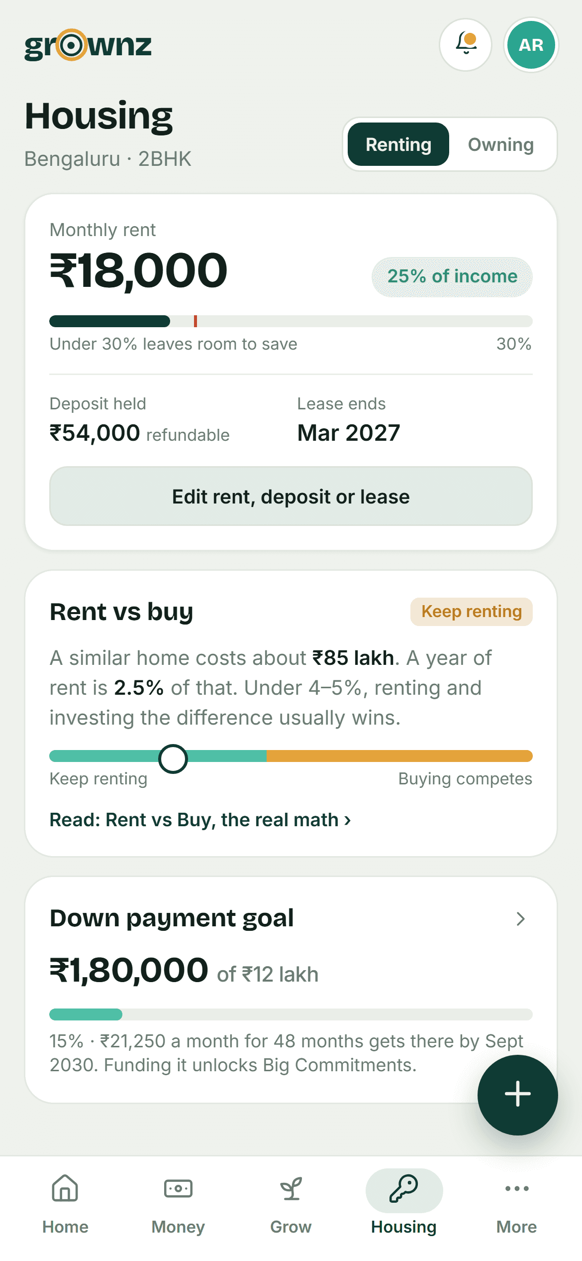 Design preview: Housing: rent, deposit and the down payment goal