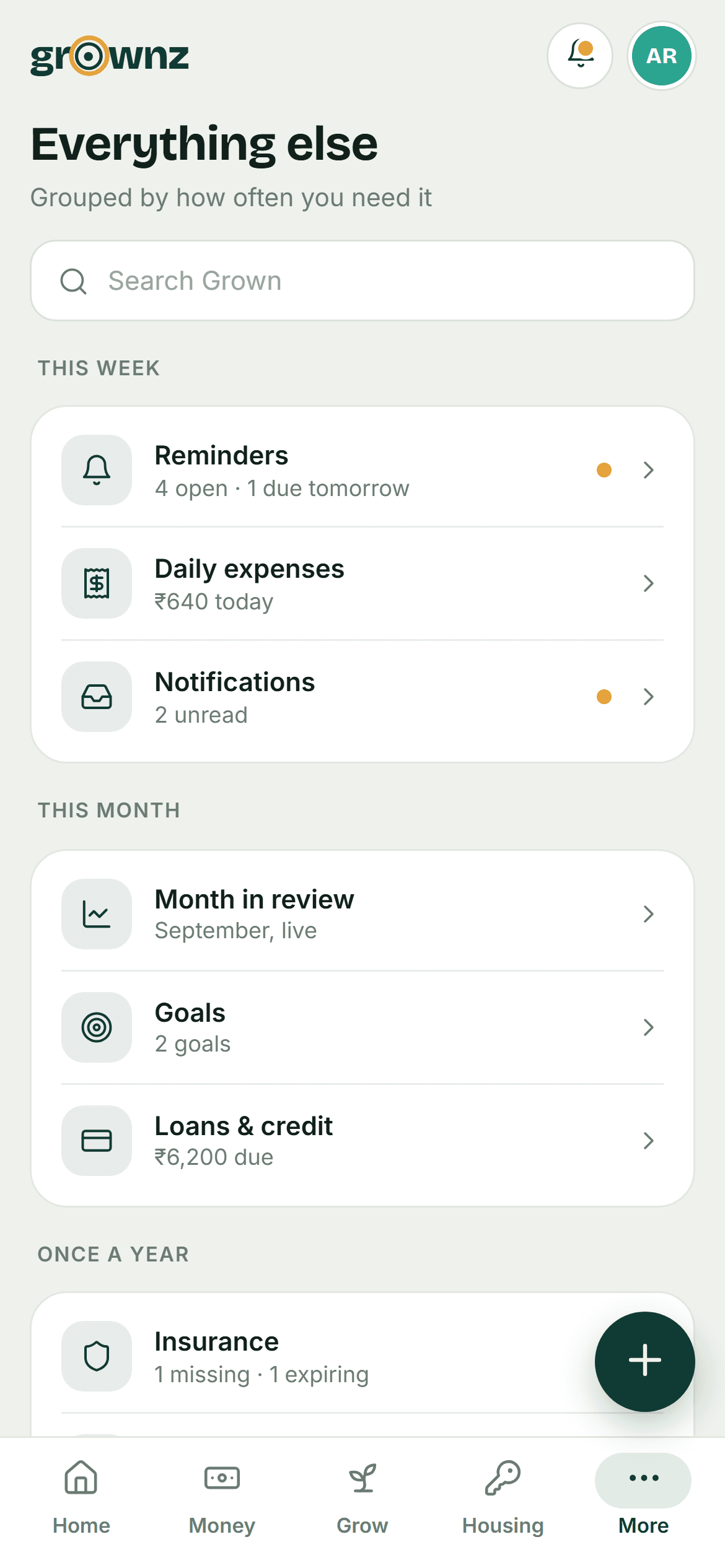 Design preview: Everything else, grouped by how often you need it