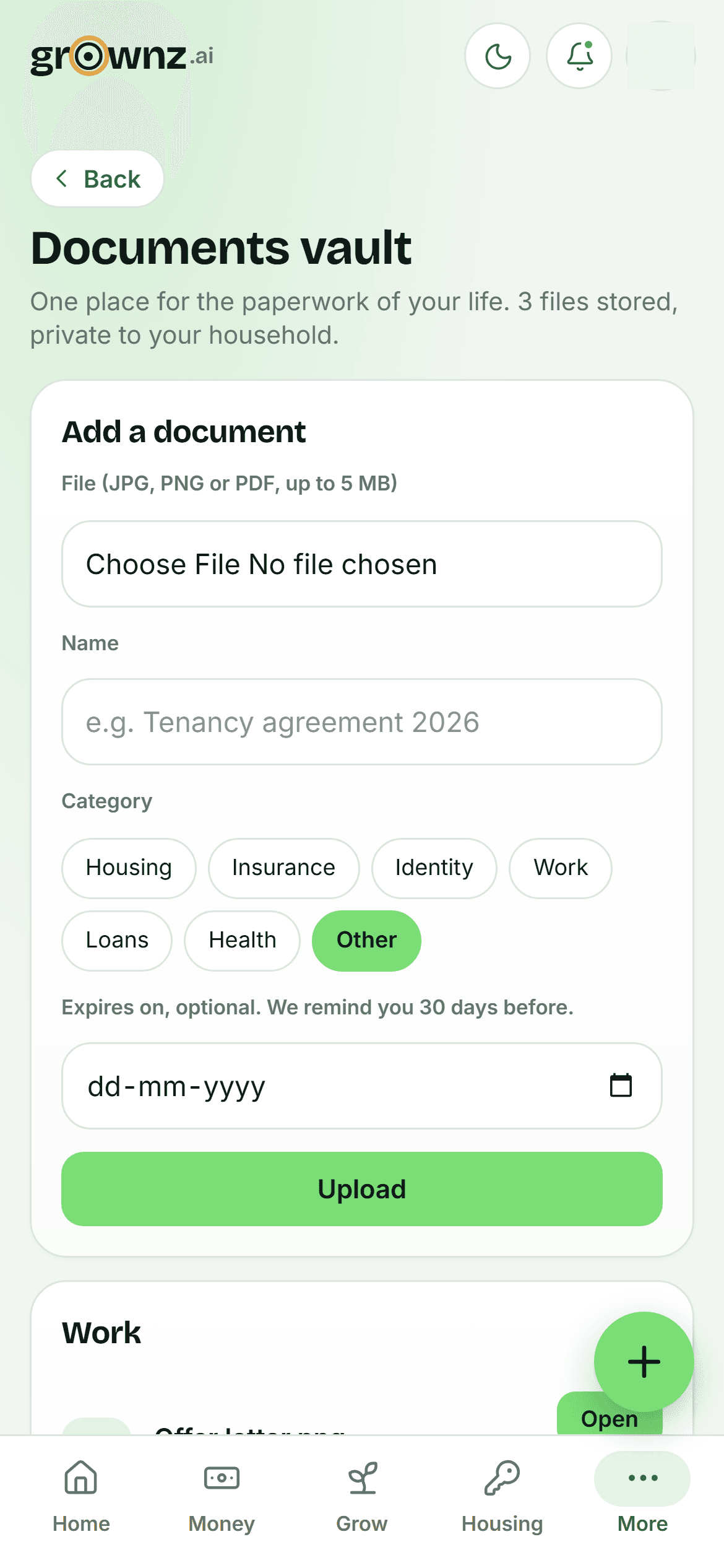 Documents vault screen