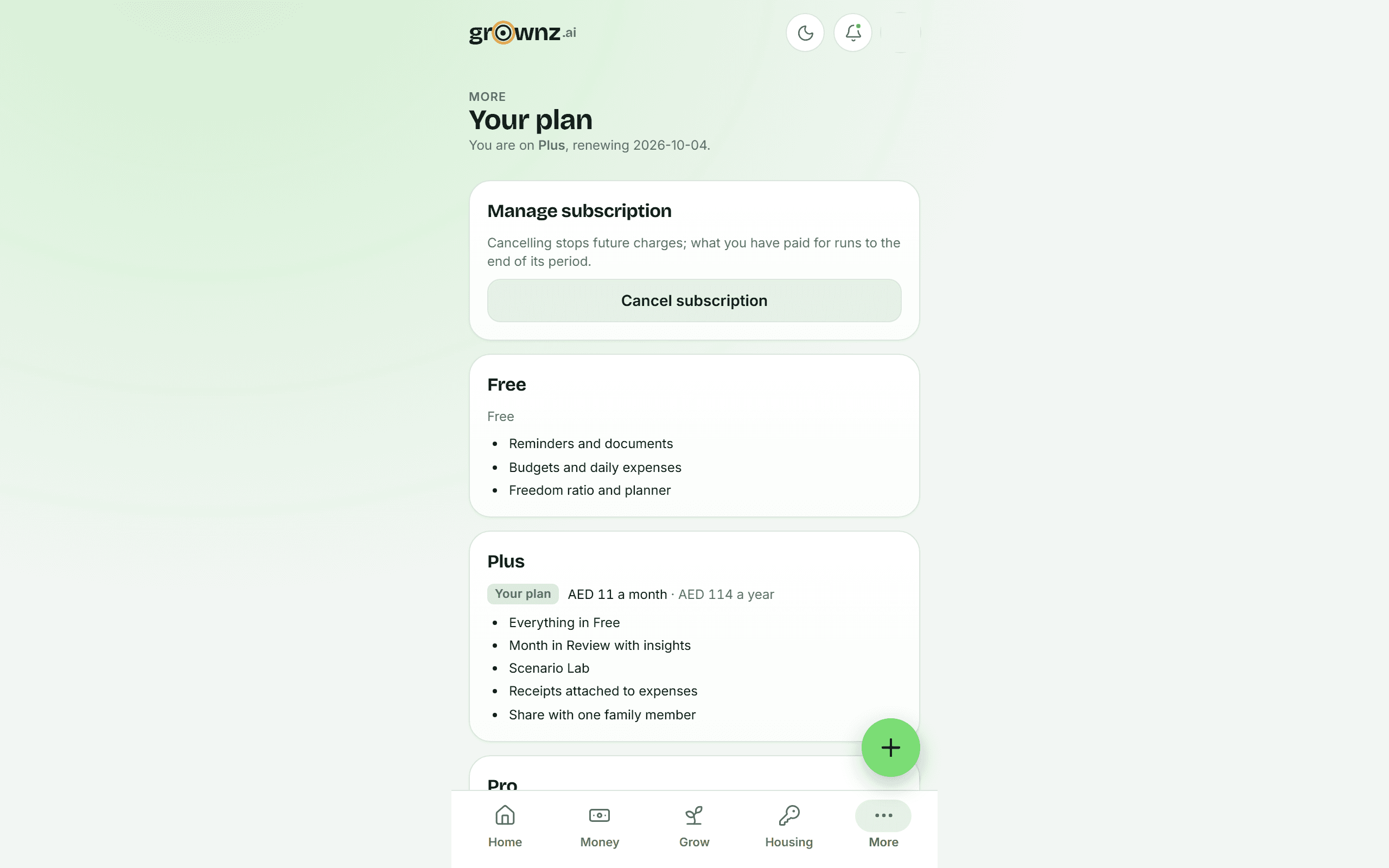 Your plan screen with prices in GBP